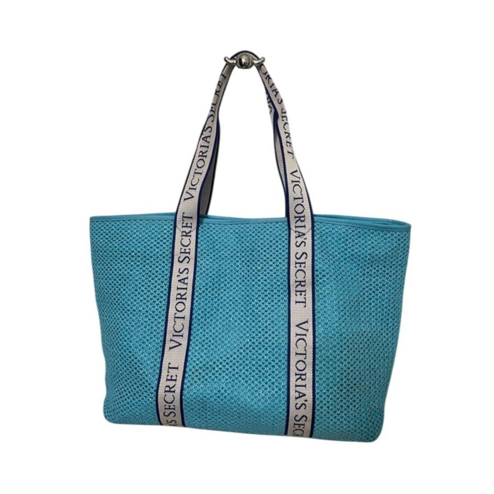 Victoria's Secret Bombshell Isle Crochet Beach Tote Bag Aqua Blue Logo Strap